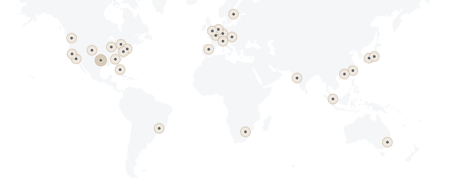 Map of Pressable's edge cache locations across North America, Europe, Asia, South America, Africa and Australia