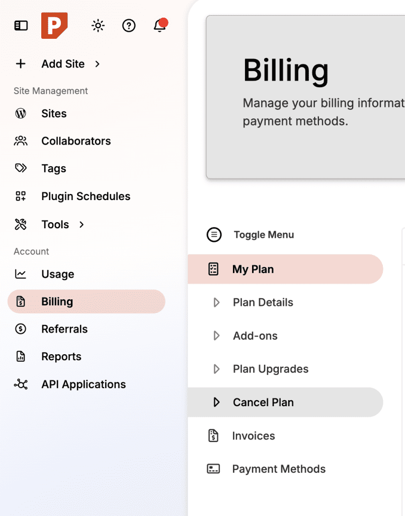 MyPressable Billing page with the Cancel Plan option highlighted in the My Plan menu