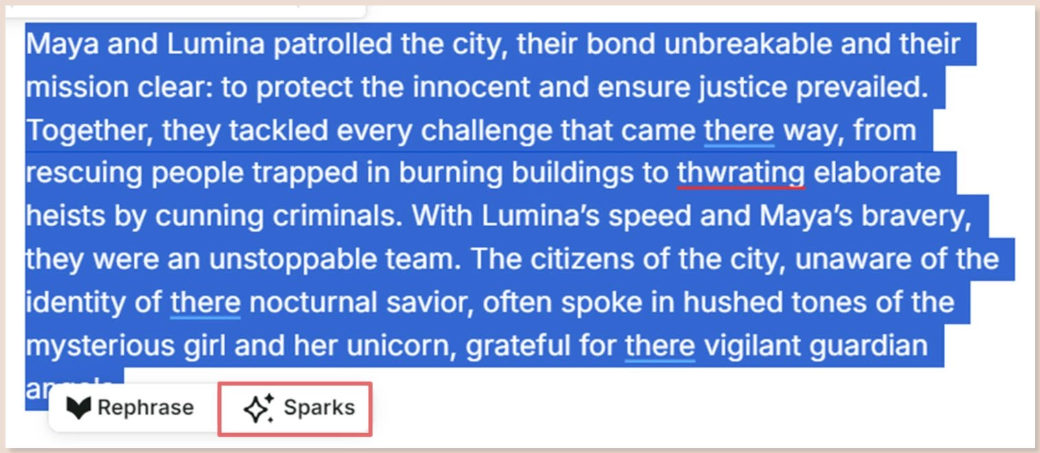 Highlighted fiction paragraph in ProWritingAid with the Rephrase and Sparks buttons
