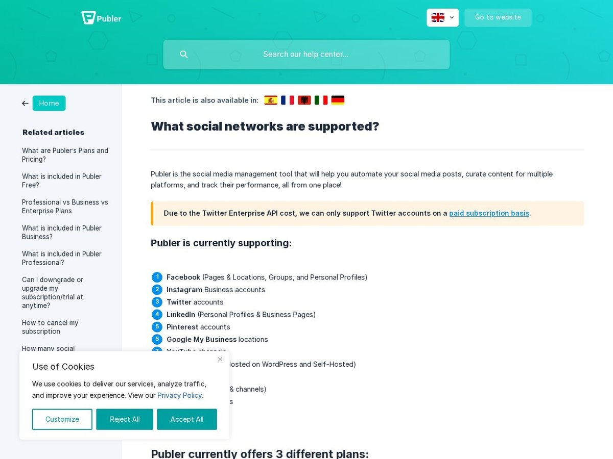 The range of social networks Publer can publish to