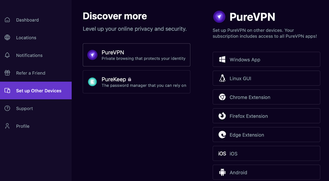 PureVPN server network and connection interface
