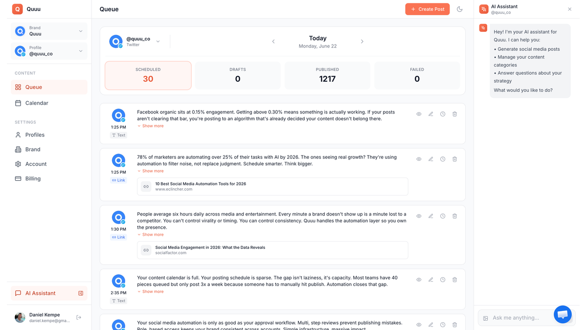 The Quuu dashboard showing AI-generated social posts queued for scheduling