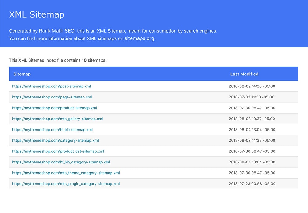 Rank Math XML sitemap configuration screen