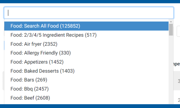 RankIQ keyword library niche dropdown showing Food: Search All Food (125852), Air fryer (2352) and Bbq (2457)
