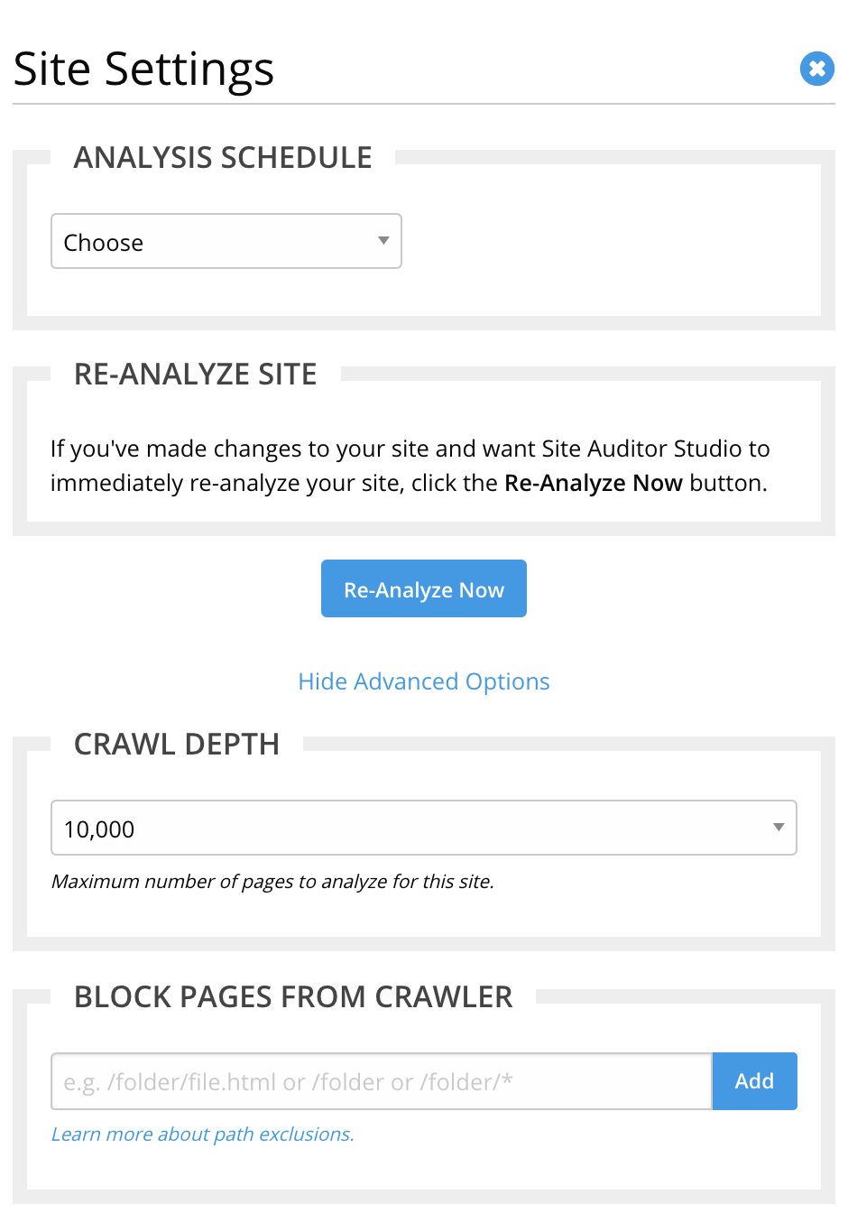 Raven Tools Site Auditor crawl settings screen with advanced and normal crawl options