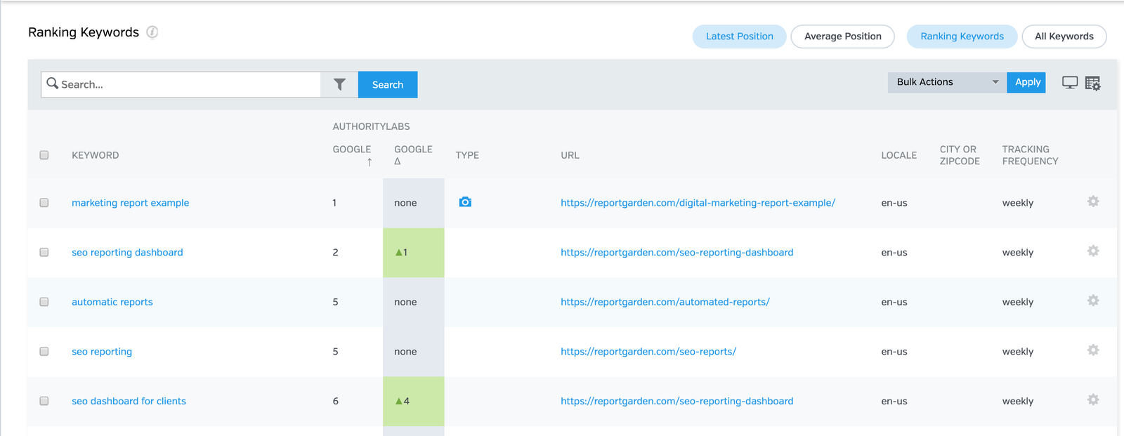 Raven Tools SERP Rank Tracker keyword ranking overview with position changes over time
