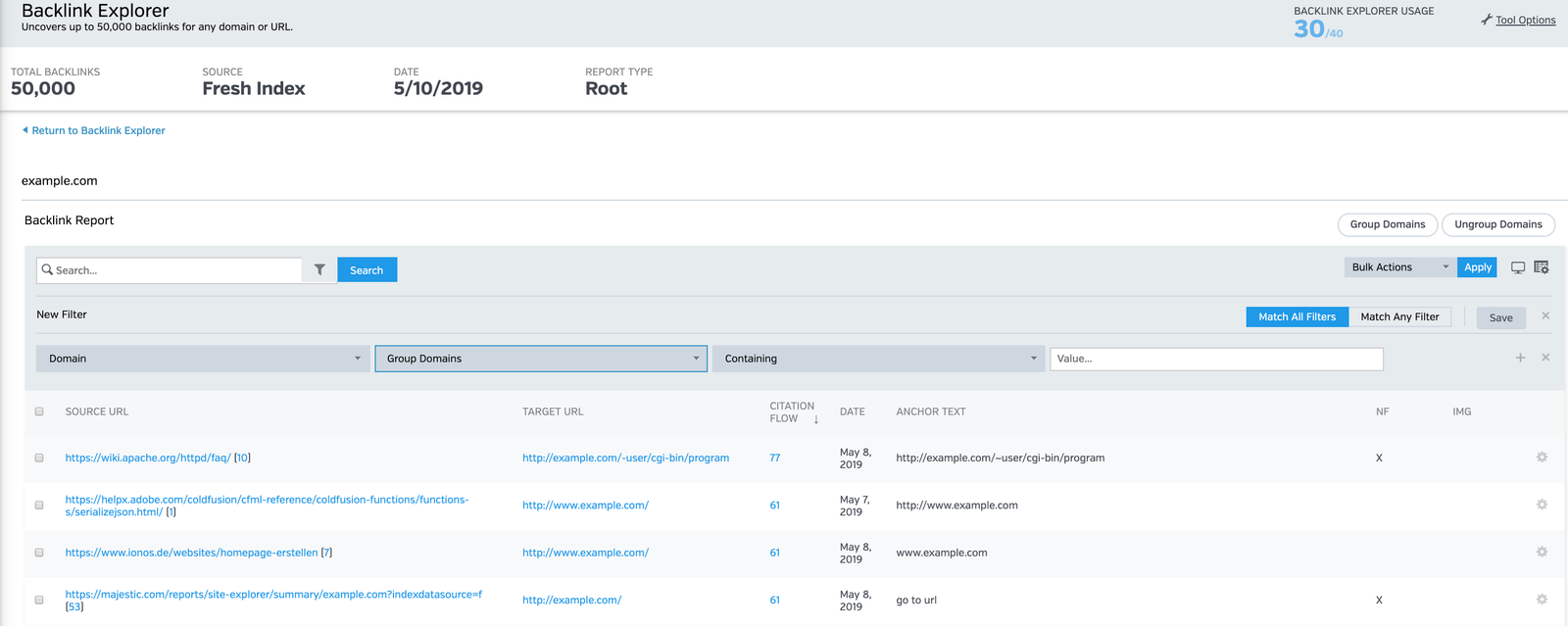 Raven Tools Backlink Explorer analysis of an inspected domain showing referring links
