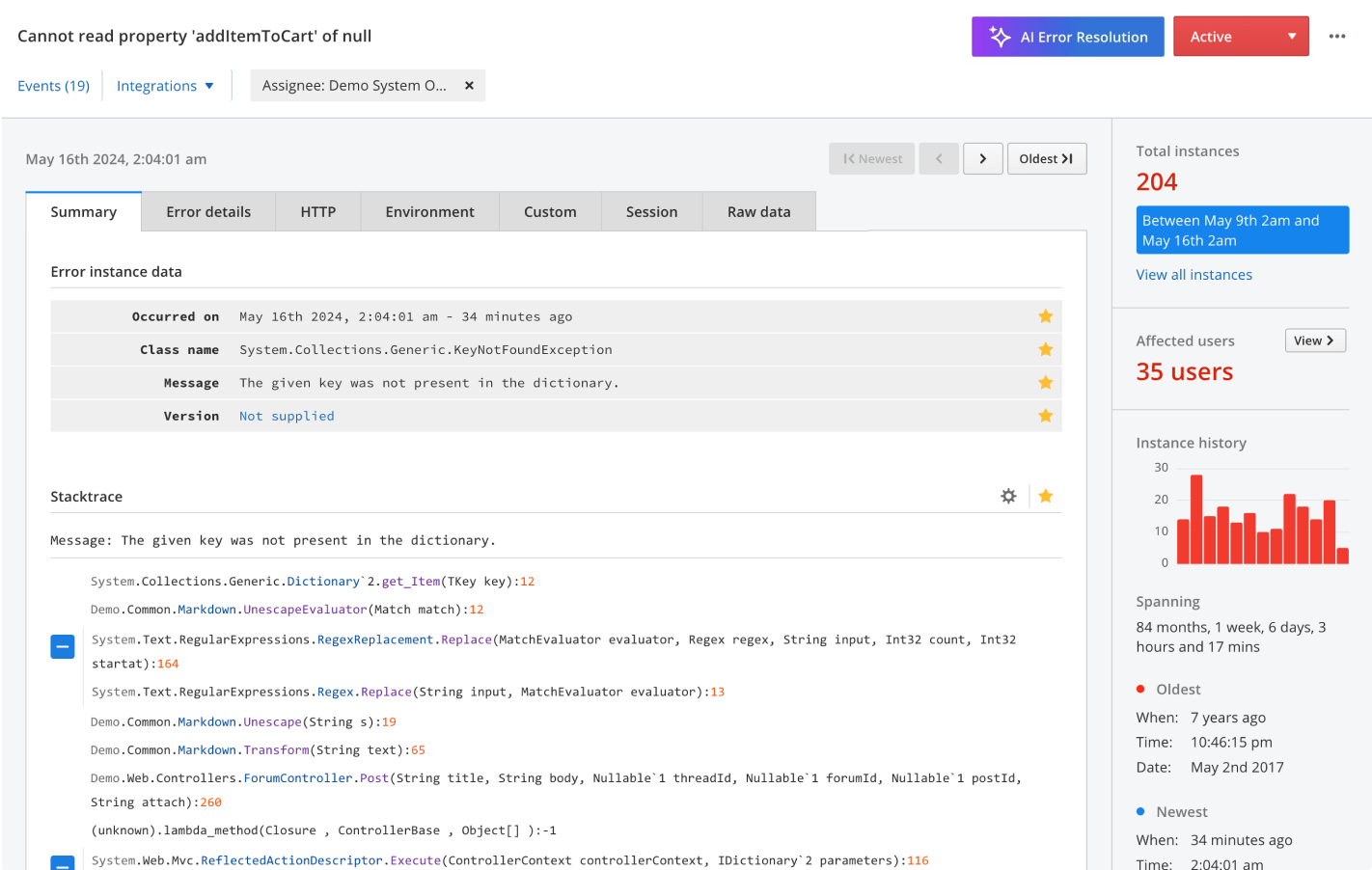 Raygun Crash Reporting error detail showing the stack trace, instance history and affected users