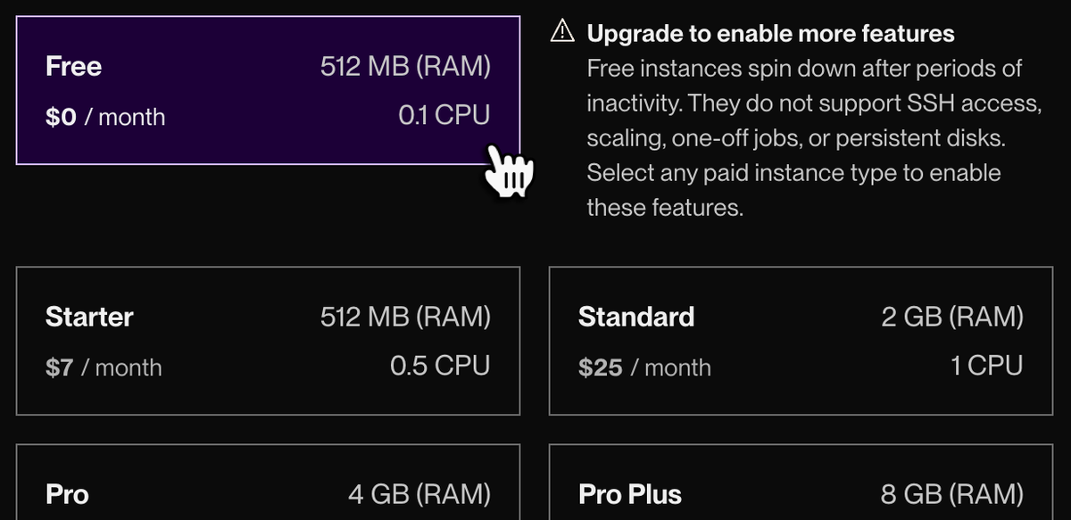 Render instance type picker for a web service with the Free plan selected