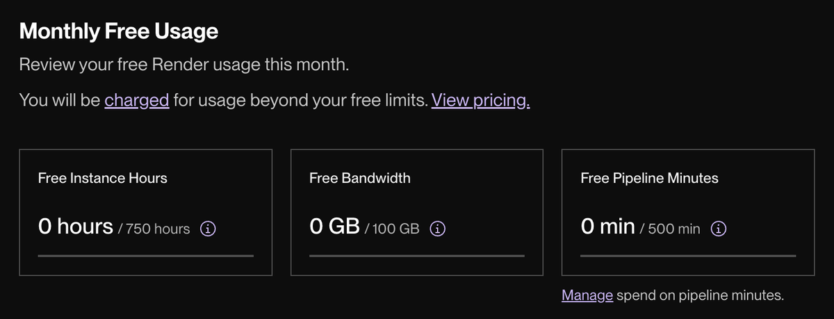 Render free usage panel showing free instance hours used this month