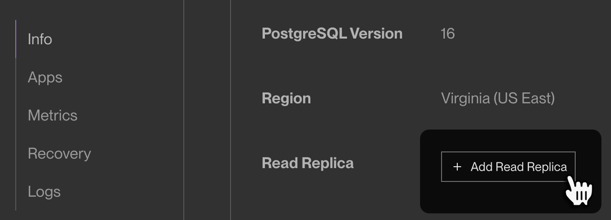 Render Postgres database page with the Add read replica control