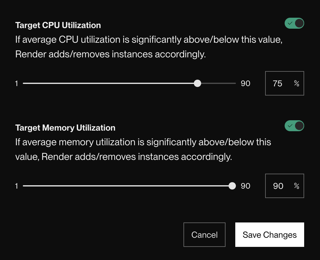 Render autoscaling settings with minimum and maximum instances and CPU and memory targets