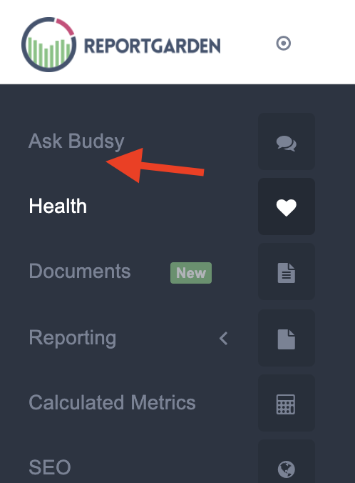 ReportGarden app sidebar with the Ask Budsy AI assistant menu item highlighted
