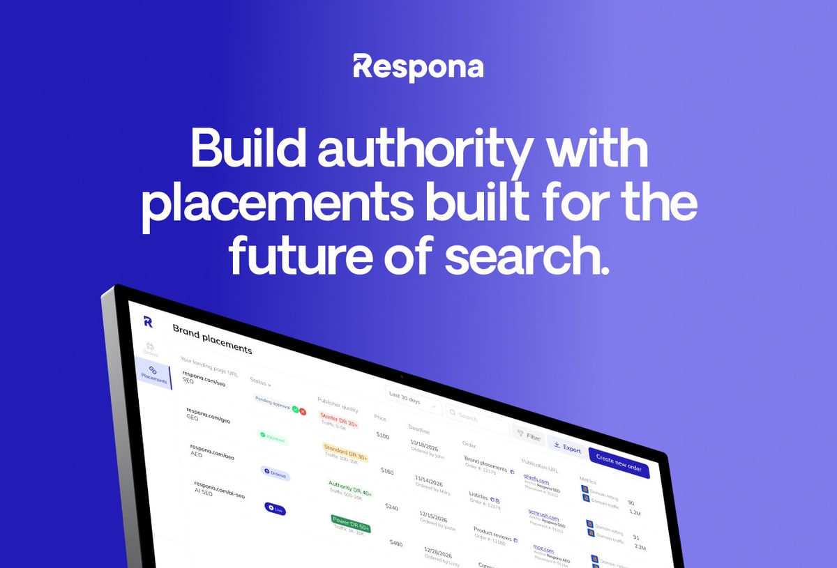 Respona banner showing its brand placements dashboard, with orders listed by publisher tier, price, deadline and publication URL