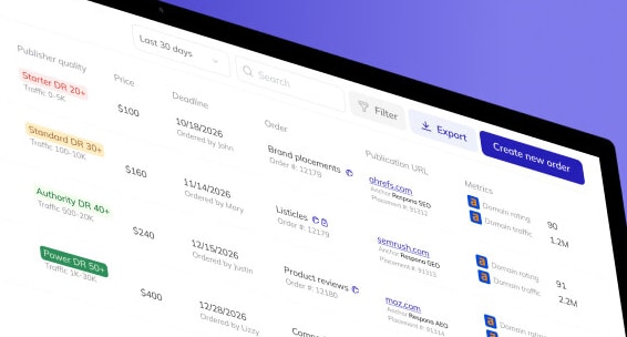 Respona order view with a placement's DR tier, price and deadline next to the Create new order button