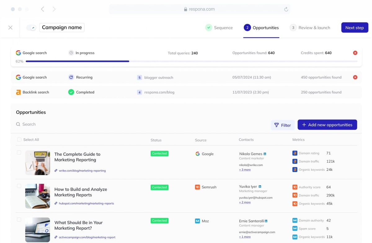 Respona's legacy self-serve campaign builder running a Google search for outreach opportunities with credits spent