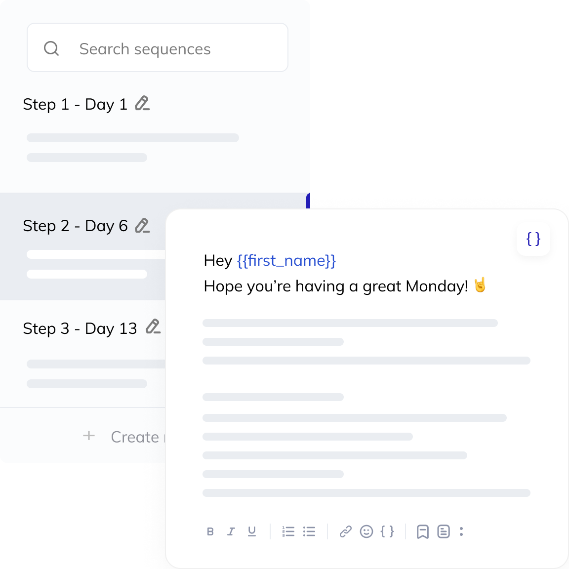 Legacy Respona email sequence editor with three follow-up steps on day 1, day 6 and day 13