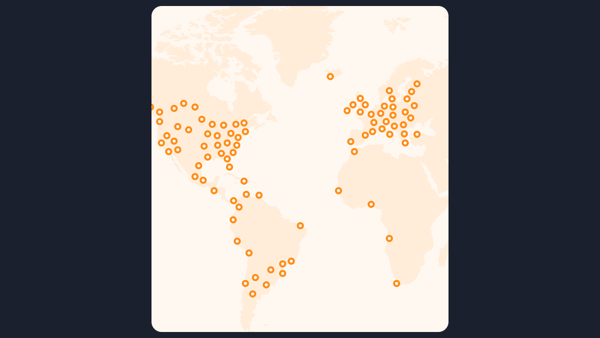 Rocket.net map of its edge locations across North and South America, Europe and Africa, marked with orange pins