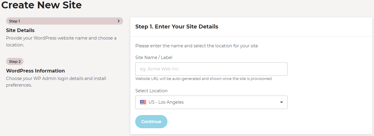 Rocket.net Create New Site form, step 1: site name field and origin location dropdown set to US - Los Angeles