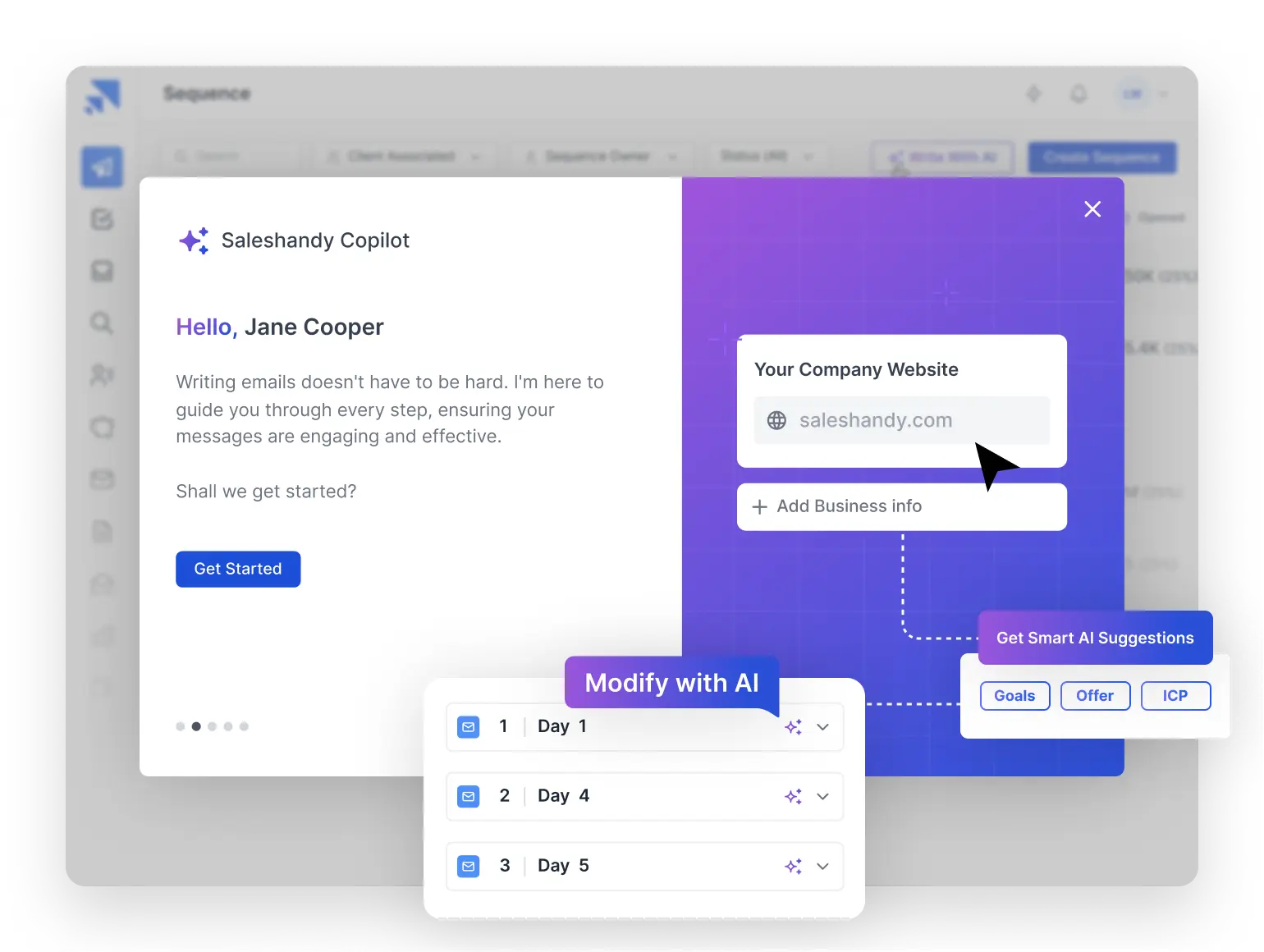 Saleshandy AI Sequence Copilot modal with a company website field and AI suggestions for goals, offer and ICP