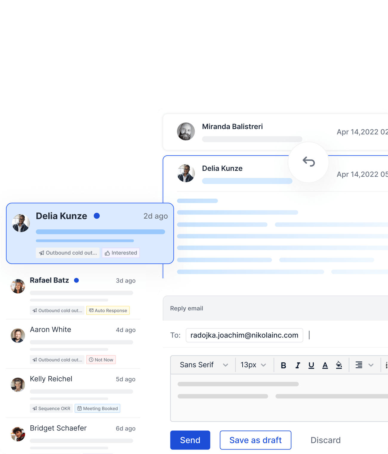 Saleshandy unified inbox with replies tagged Interested, Auto Response, Not Now and Meeting Booked