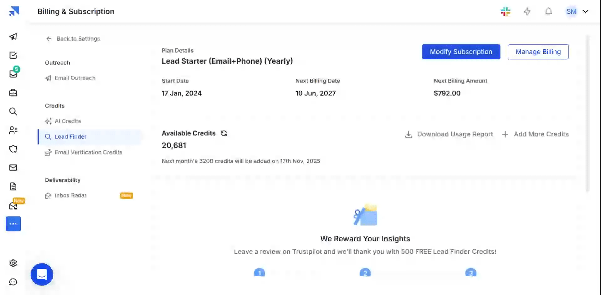 Saleshandy billing screen on a legacy Lead Starter plan with a banner offering 500 free Lead Finder credits for a Trustpilot review