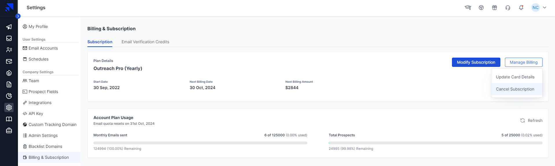 Saleshandy Billing and Subscription settings with the Modify Subscription menu open on Cancel Subscription