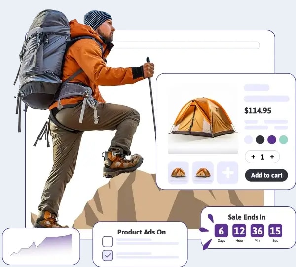 ScalaHosting marketing art of an online store with a product card, sales chart and sale countdown, the kind of site its cloud VPS is sold for