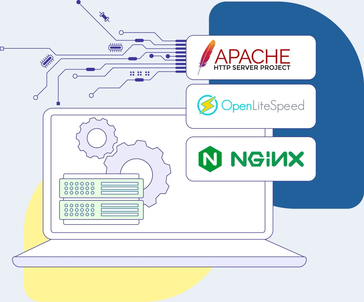 ScalaHosting illustration of the web servers SPanel supports, with Apache, OpenLiteSpeed and Nginx badges beside a server