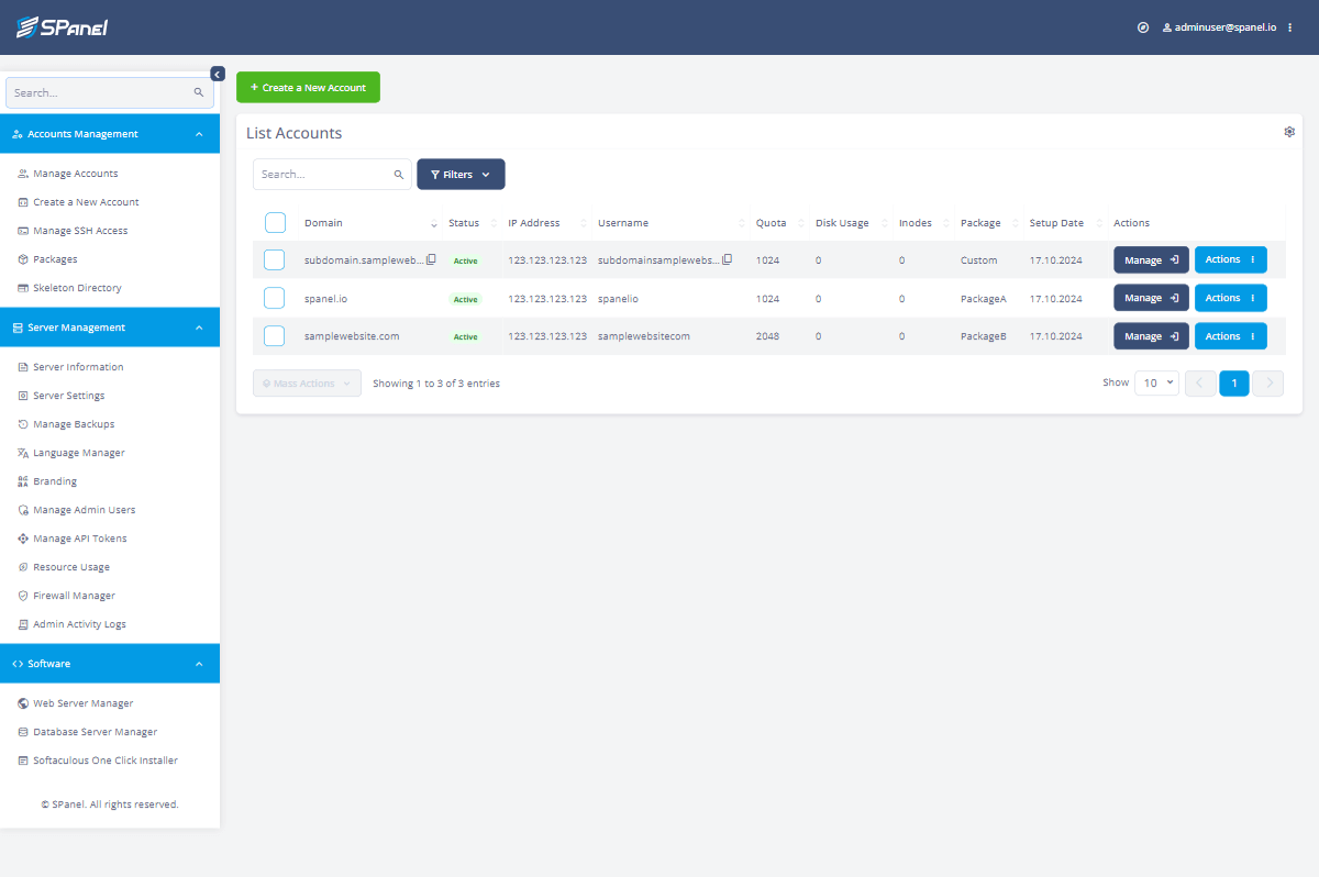 SPanel admin interface on the List Accounts page, showing hosting accounts with domain, disk use and package, and the server management menu