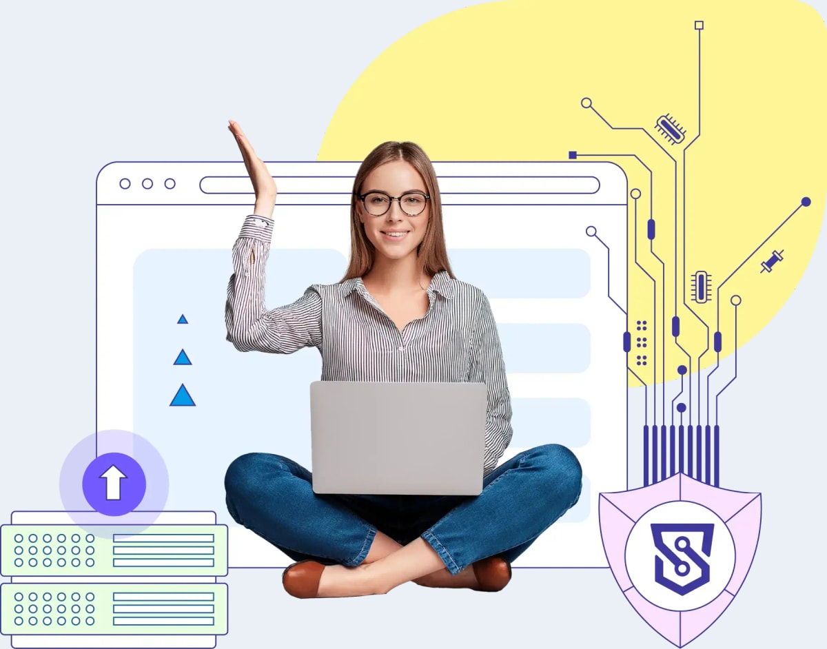 ScalaHosting illustration of SShield, a shield logo connected to server racks and a website, representing its security monitoring