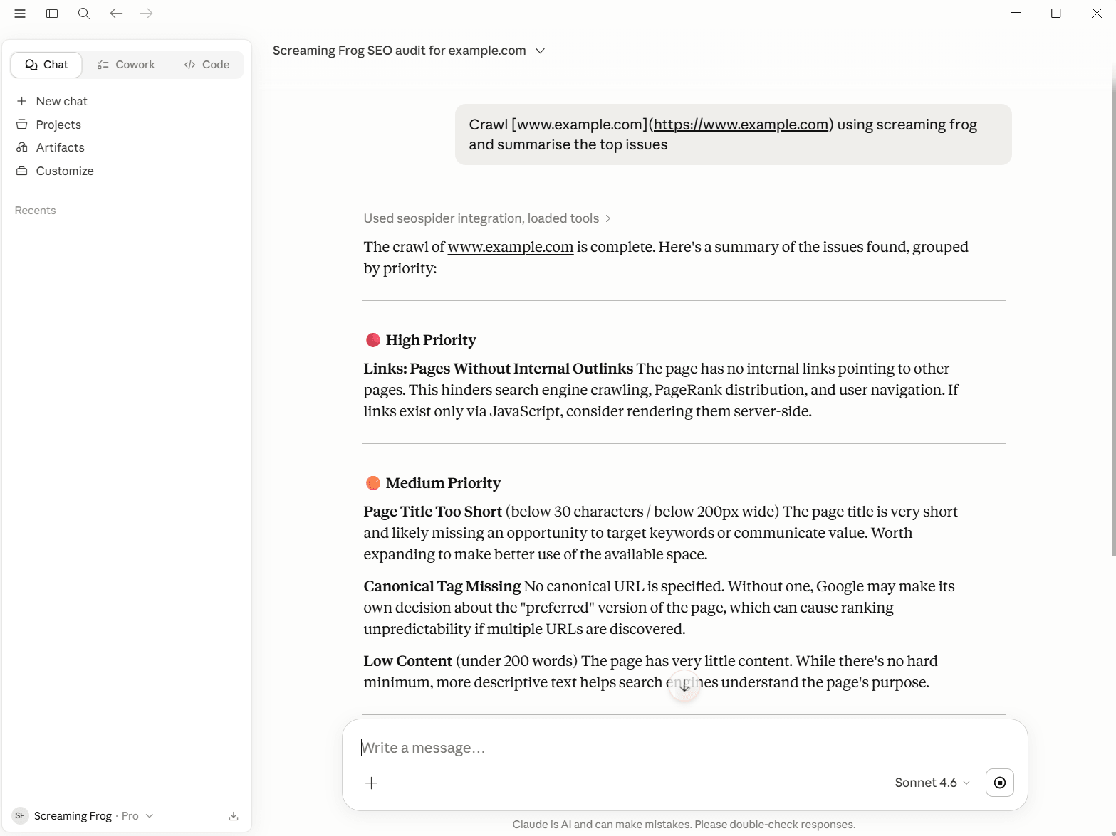 Claude running a Screaming Frog SEO Spider crawl through the v24 MCP server and summarising the issues it found