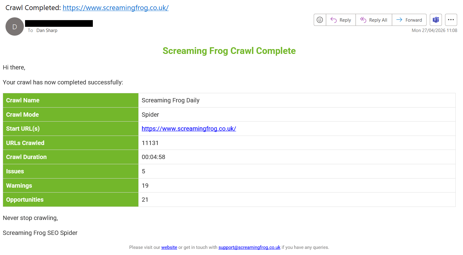Screaming Frog crawl-complete email notification listing issues and changes since the previous scheduled crawl