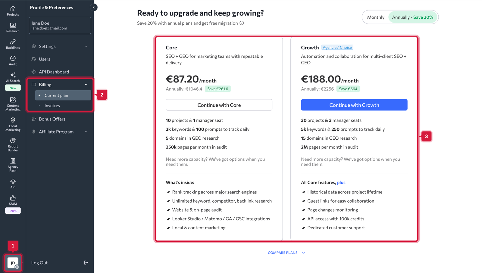 SE Ranking plan selection screen comparing the Core and Growth plans with a monthly and annual billing toggle