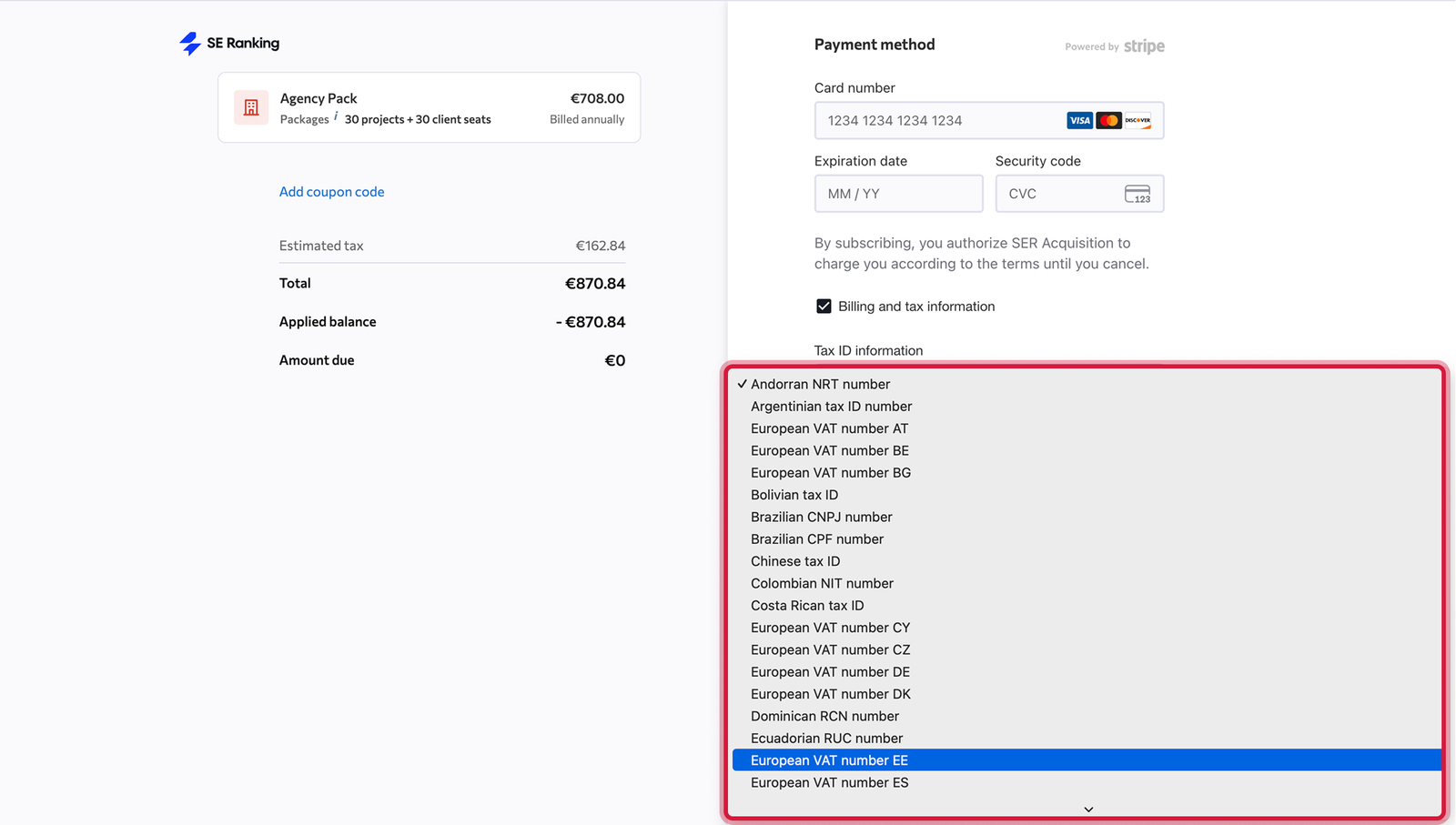 SE Ranking checkout screen showing an Agency Pack add-on subtotal, Stripe card entry and tax-ID selector