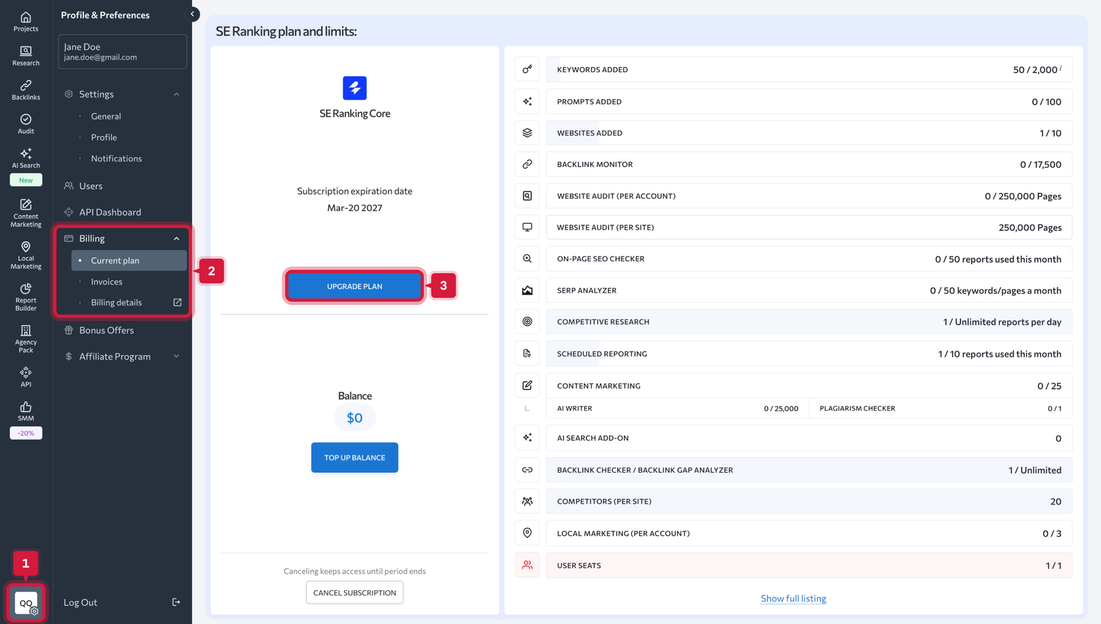 SE Ranking current plan screen showing the Core subscription and its usage limits table for keywords, audits and seats