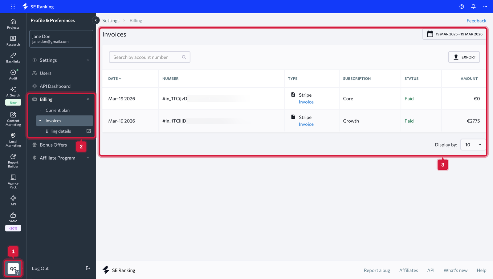 SE Ranking billing dashboard invoices page listing paid Stripe invoices