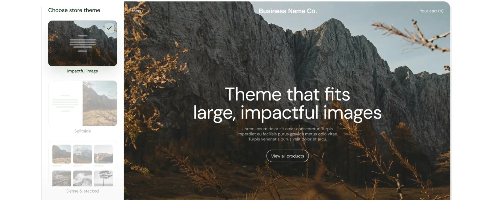 Sellfy store theme picker showing image-led, split and dense layouts beside a storefront preview