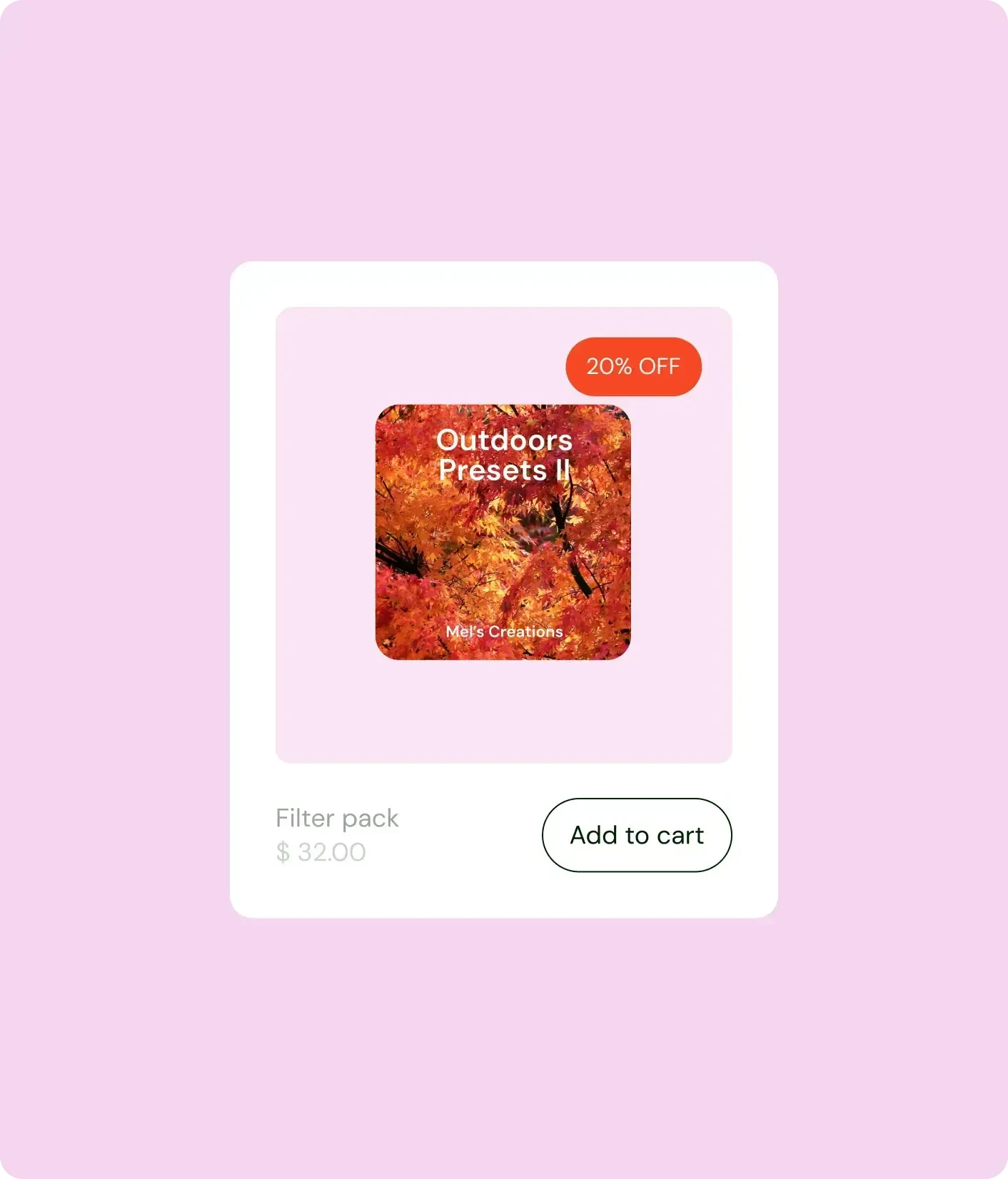 Sellfy product card for a Lightroom preset pack with a 20% off discount badge and Add to cart button