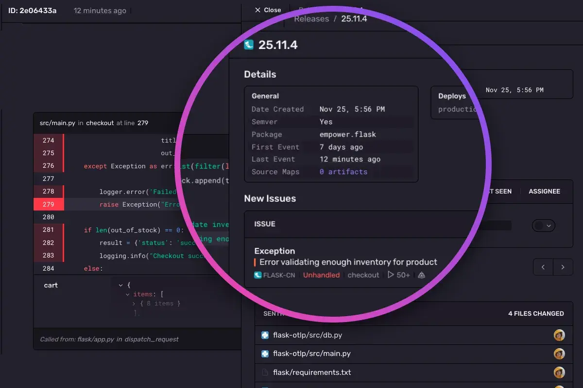 Sentry issue view of an unhandled Python exception with stack trace, code context and release details