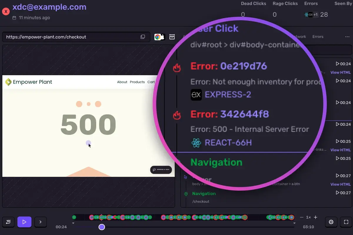 Sentry Session Replay of a checkout flow with an out-of-stock error and an HTTP 500 marked on the timeline