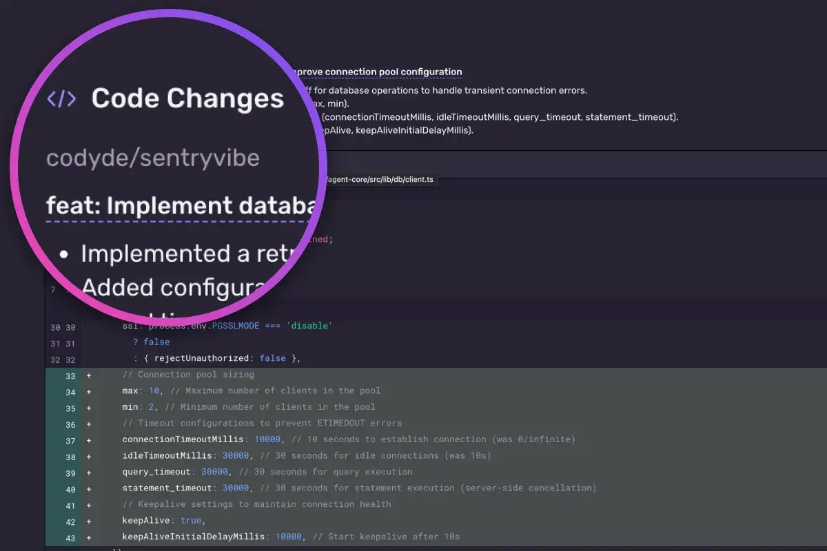 Code diff of a Seer-generated fix adjusting database pool size and timeouts