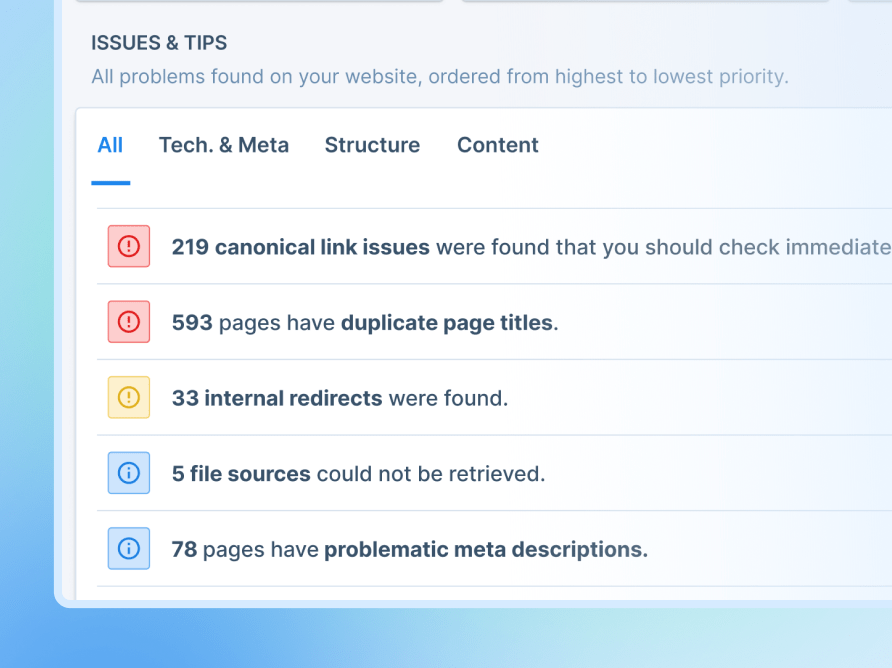 Seobility website audit listing SEO issues sorted by priority