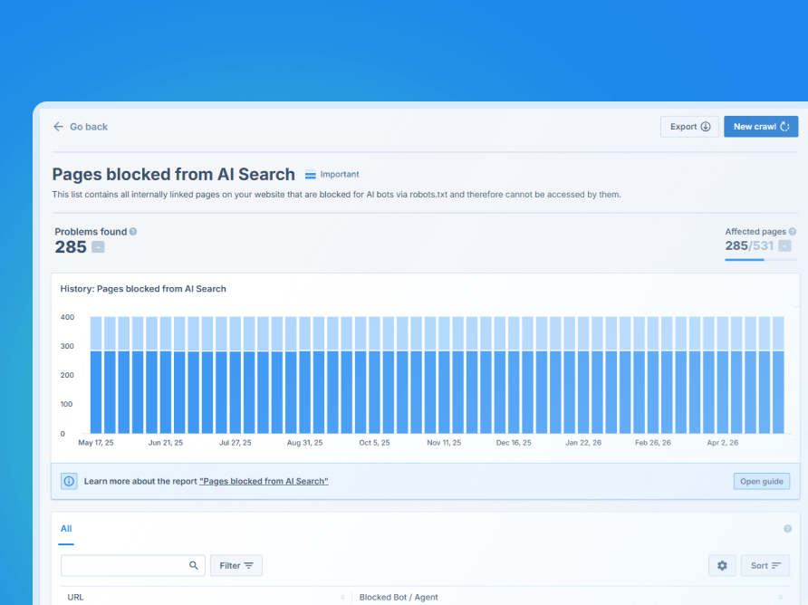 Seobility audit report showing pages blocked for AI search crawlers