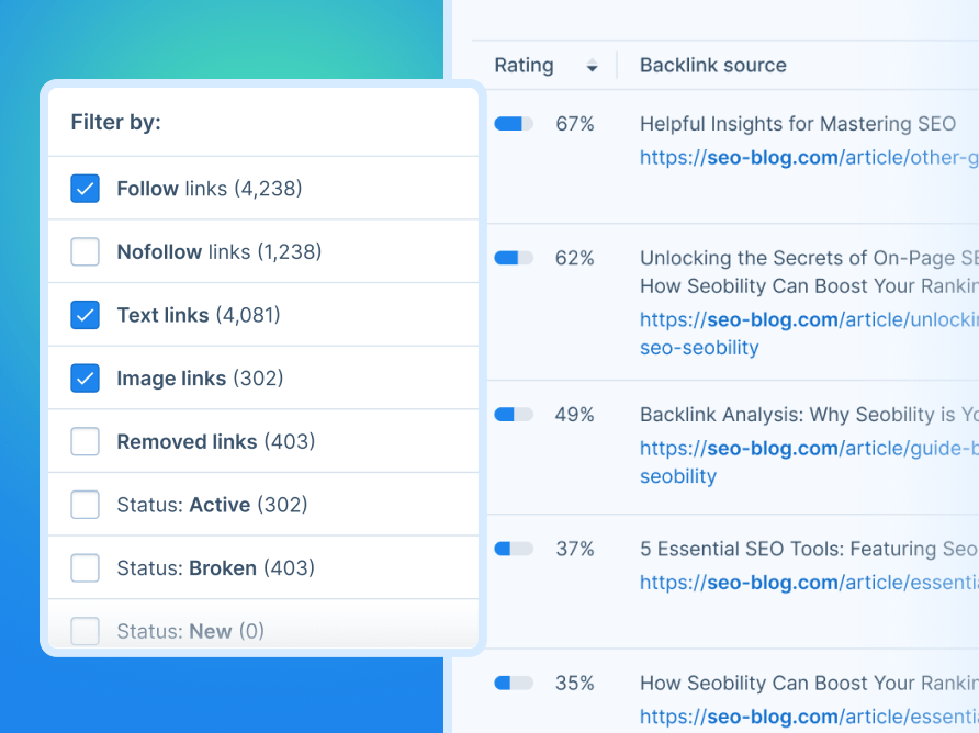Seobility backlink list with follow, nofollow and broken link filters