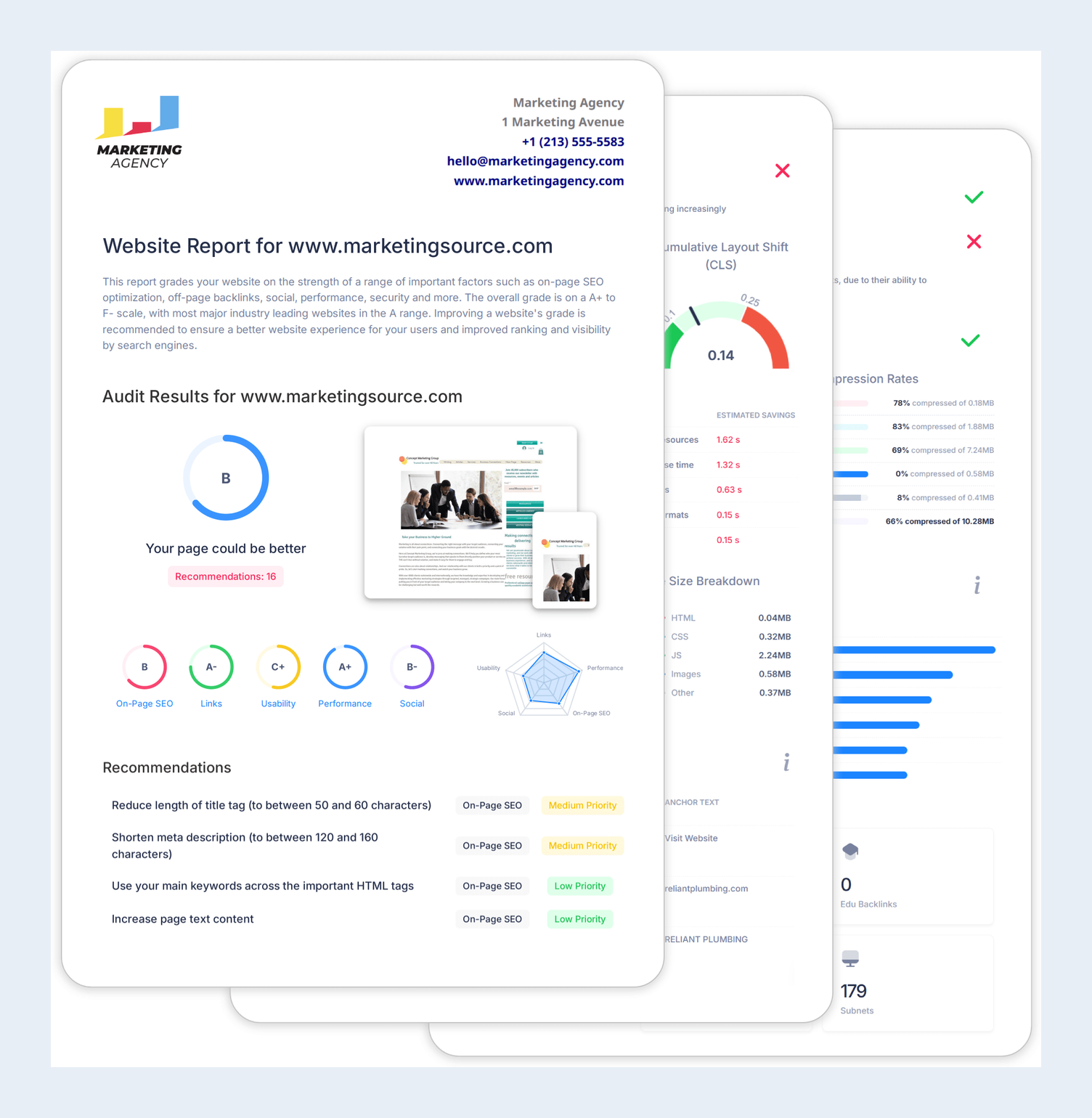 SEOptimer white-label PDF audit report branded with a marketing agency logo, showing a B grade, category grades and prioritised recommendations