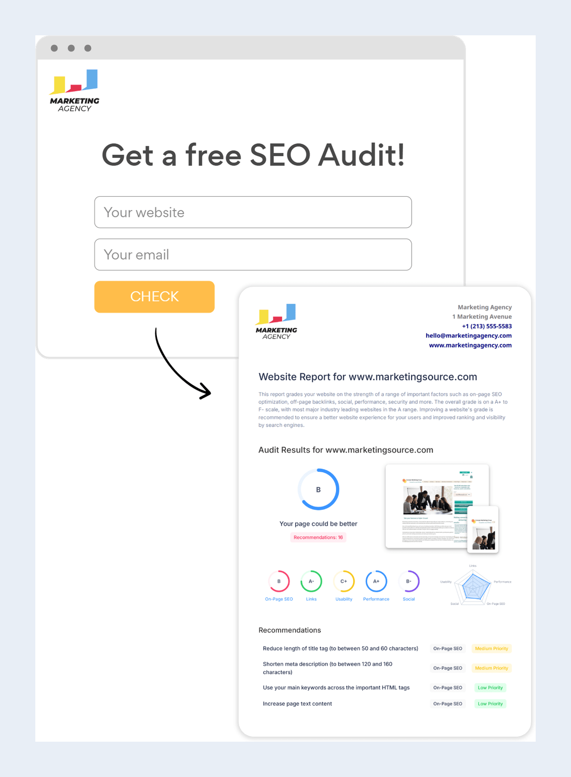 SEOptimer embeddable lead generation widget with a Get a free SEO Audit form, linked to the branded report the prospect receives