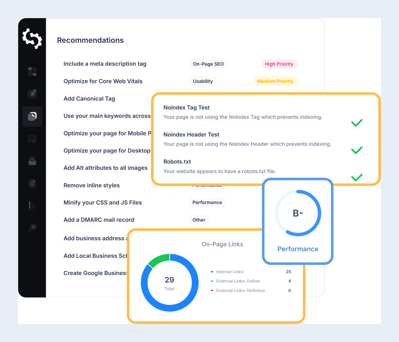 SEOptimer audit recommendations list with High and Medium priority labels alongside performance and on-page link checks