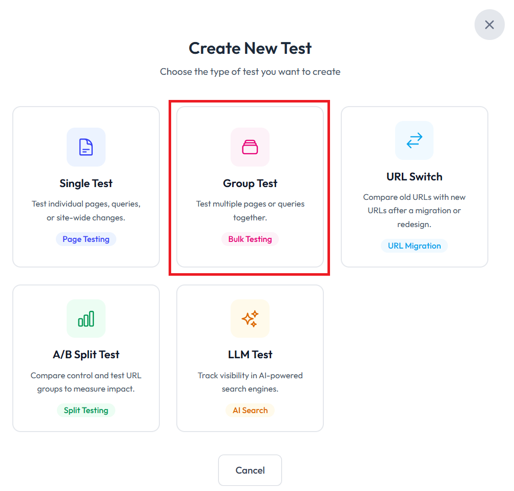 SEOTesting Group Test creation screen with multiple URLs selected