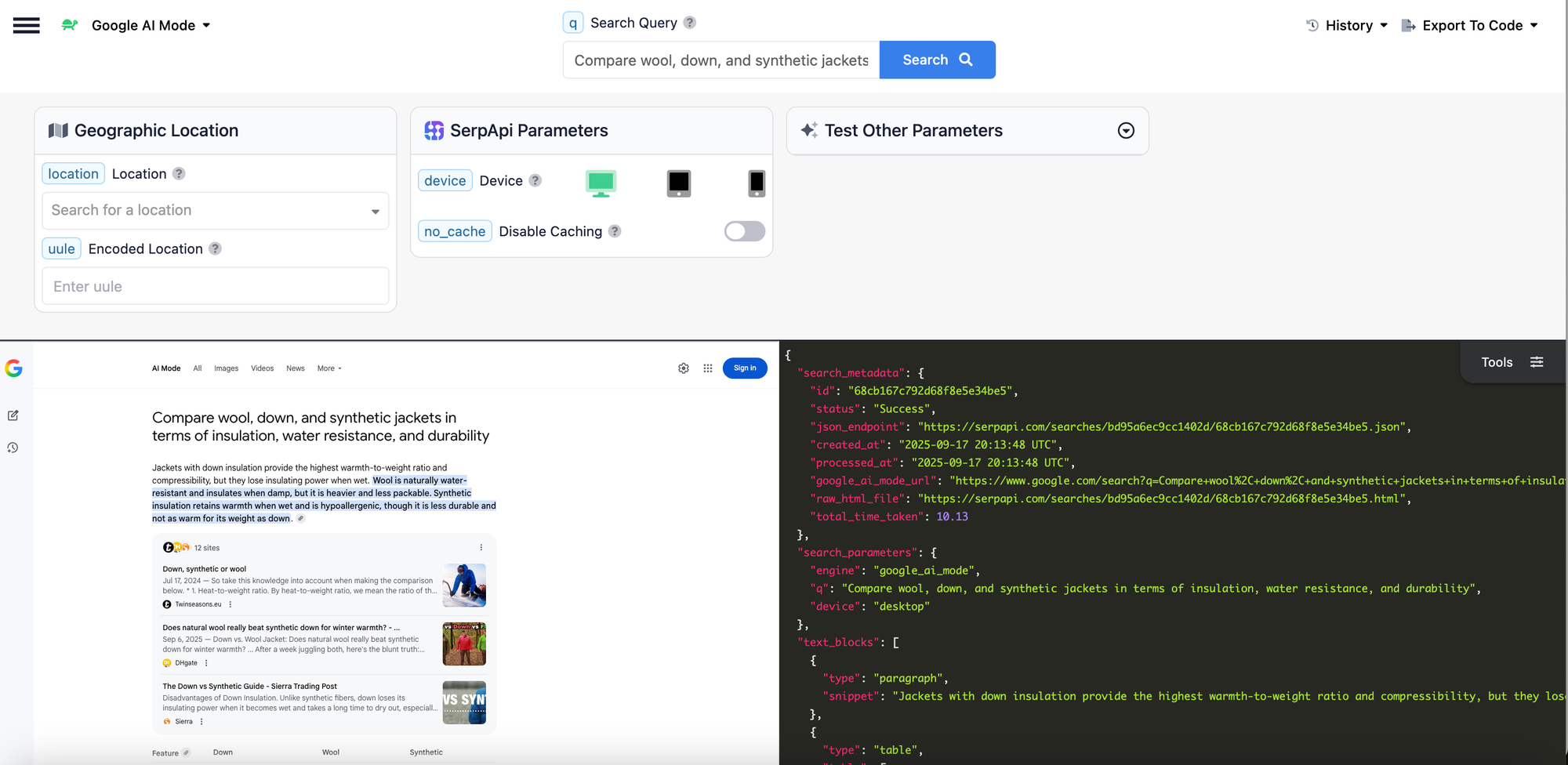 SerpApi Playground running the Google AI Mode API on a jacket comparison query, with the parsed answer beside the request form